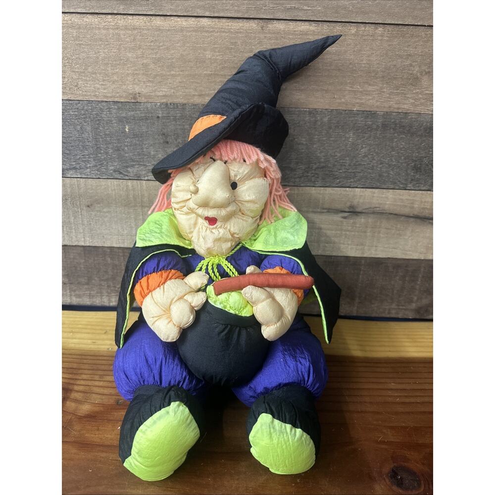 Vtg International Silver Plush Halloween Witch Puffy Nylon Plush Cauldron 14”